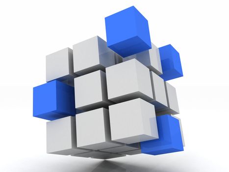 cube blue assembling from blocks on a white background