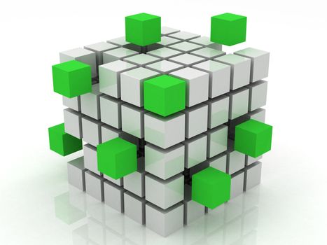 cube green assembling from blocks on a white background