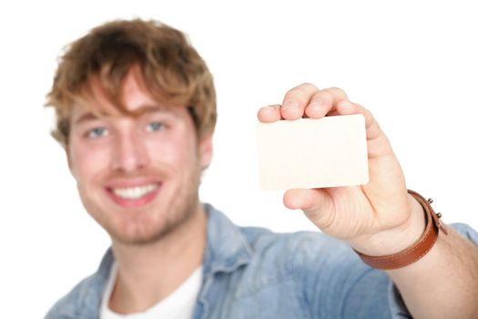 Business card man. Casual young man showing blank empty card sign. Young caucasian male model in his twenties.