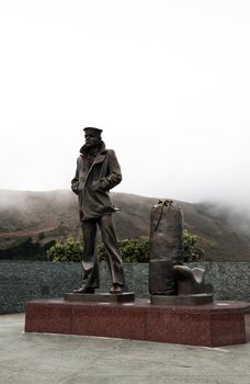 SAN FRANCISCO, CALIFORNIA - NOVEMBER 2010: The Lone Sailor Statue is located at the north end of Golden Gate Bridge and made of bronze.  This statue is dedicated to anyone who ever sailed past this point in the service of their country.  The statue was installed on April 14, 2002.