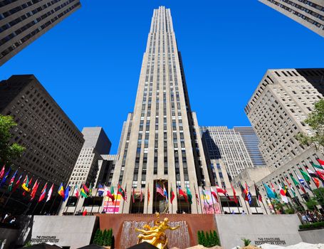 NEW  YORK - SEPTEMBER 5: Rockefeller Center Tower on September 5, 2010 in NYC. Rockefeller Center is a complex of 19 commercial buildings, built by the Rockefeller family, located in the center of Midtown Manhattan.