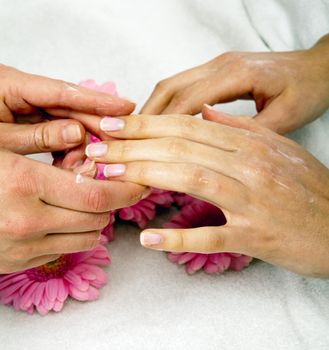 feminin hands with a treatment doing a manicure closeup