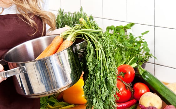 young beautiful housewife is cooking with fresh vegetables