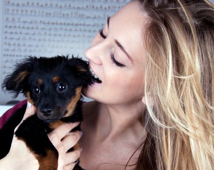 young beatiful girl with a cute little dog having fun