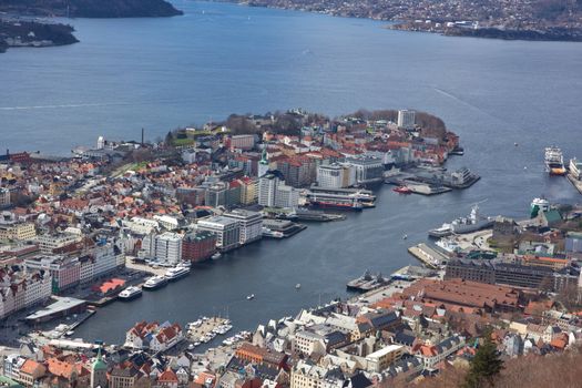 View over the port in Bergen taken from the popular landmark Fløyen.