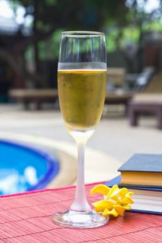 Wine glasses and book at the pool. Relaxing scene