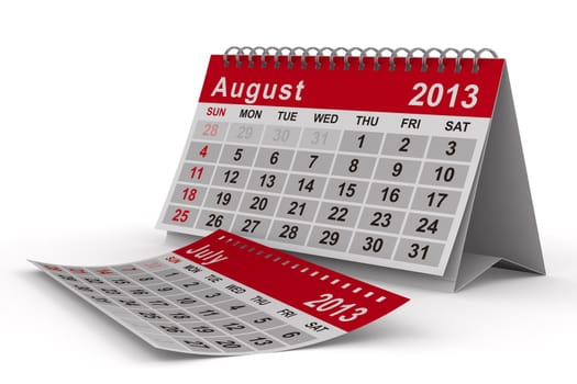 2013 year calendar. August. Isolated 3D image