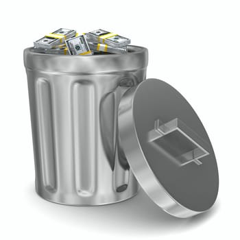 Garbage basket with dollars on white background. Isolated 3D image