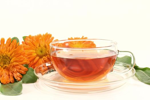 marigold tea with flowers and leaves on a bright background