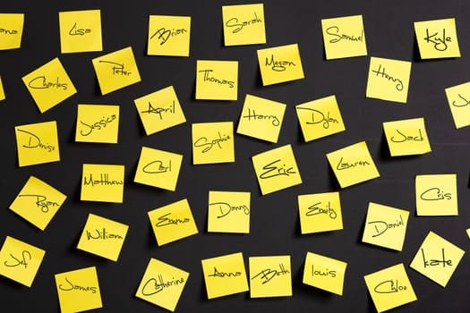 Yellow paper notes with male and female names 