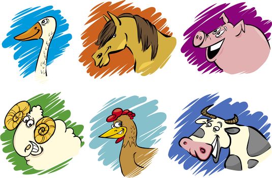 Set of funny farm animals cartoon illustrations
