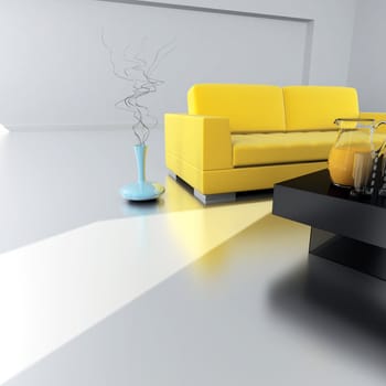 yellow sofa is in an empty light room