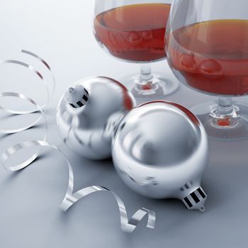 Christmas balls, ribbon and glasses with alcohol drinks