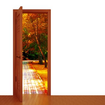 unclosed door and beautiful autumn landscape