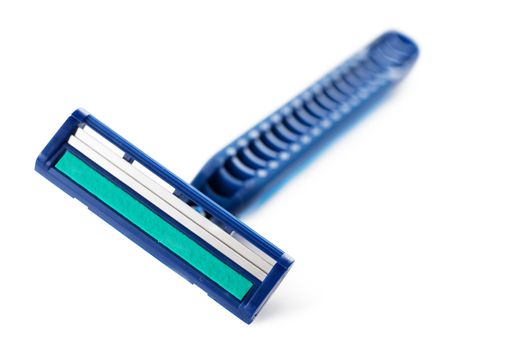 Closeup view of blue razor isolated over white