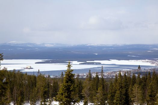 Panorama of Kandalaksha from Mount. White Sea. Russia