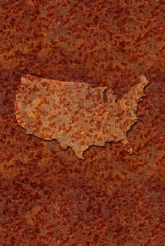 Rusted corroded metal map of the United States, reddish orange in color.