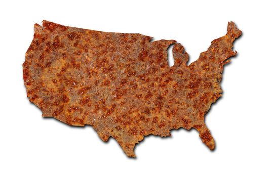 Rusted corroded metal map of the United States on white background