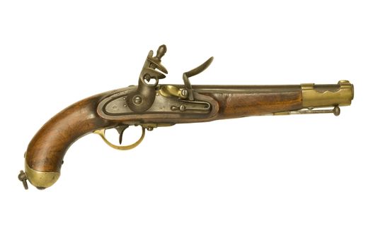 Authentic Revolutionary War flintlock pistol isolated against a white background
