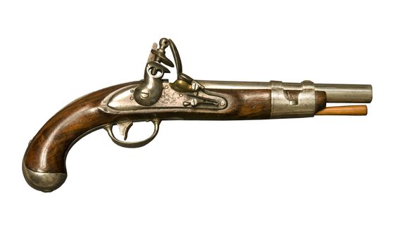 Flintlock pistol manufactured by gunmaker Simeon North circa 1813, although it is similar to what was used during the American Revolution. It was one of the few flintlocks made in the United States in that era. It was also notable in that it had interchangeable parts.