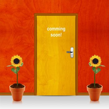 coming soon conceptual image, closed door with coming soon mesage.