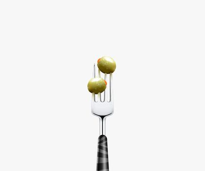 olive pierced by fork, isolated on white background