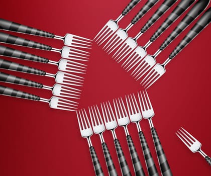 Empty copy space of Set of forks in competition on red background.
