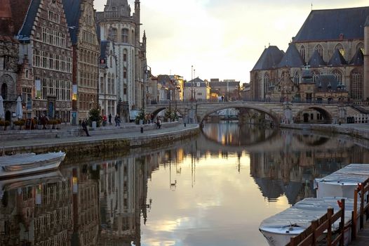 Ghent, Belgium - Dec 3: Ghent, Belgium, on December 3, 2008, is the capital and biggest city of the East Flanders province. The Graslei is one of the most scenic places in Ghent's old city centre. 