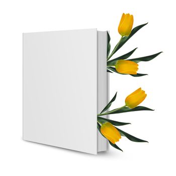 front view of Blank book cover white and tulip flowers.