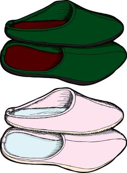 Cartoon of isolated slippers in pink and green