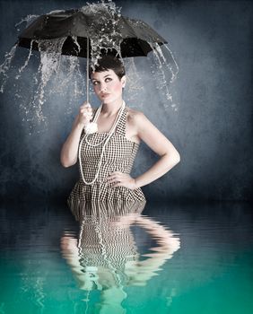 Pin-up girl with umbrella under water splash with river reflection