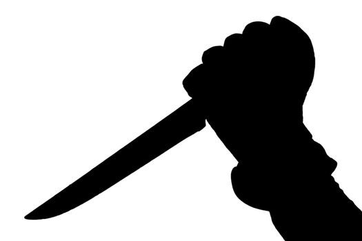 Silhouette of a hand holding a  knife with feathered edges. White background, isolated.