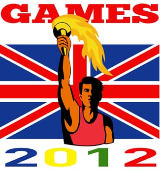 Illustration of an athlete with flaming torch with words Summer Games 2012 and Union Jack British UK Flag done in retro style.
