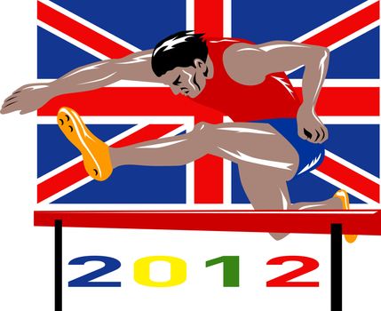Illustration of an athlete jumping hurdles with words Games 2012 and Union Jack British UK Flag done in retro style.

