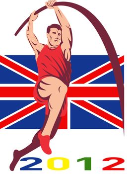 Illustration of an athlete pole vault high jump jumping with words Games 2012 and Union Jack British UK Flag done in retro style.
