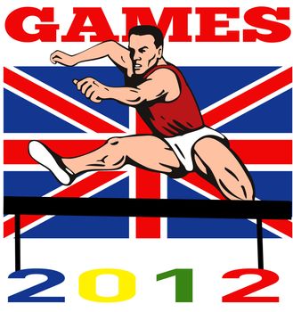 Illustration of an athlete jumping hurdles with words Games 2012 and Union Jack British UK Flag done in retro style.
