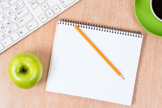 pc keyboard, pencil, coffee and notepad, workplace businessman