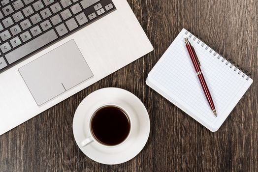 notebook, pen, coffee and tablet, workplace businessman