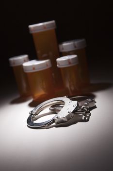 Handcuffs, Medicine Bottle and Pills Under Spot Light Abstract.