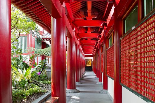 Chinese Buddhist Temple Outside Corridor Architecture Leading to Buddha Statue Altar