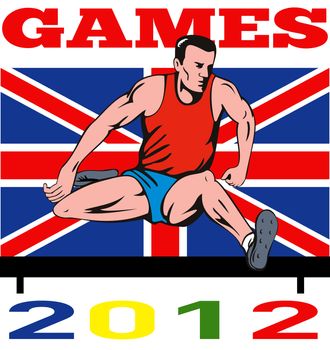 Illustration of an athlete jumping hurdles with words Games 2012 and Union Jack British UK Flag done in retro style.

