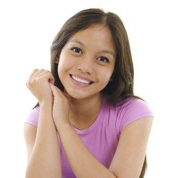 Portrait of Mixed race Pan Asian female teen isolated on white background