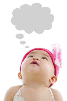 Asian baby girl looking up with thought bubble isolated on white background