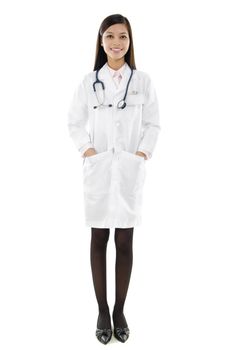 Fullbody mixed race pan asian female doctor portrait isolated on white background