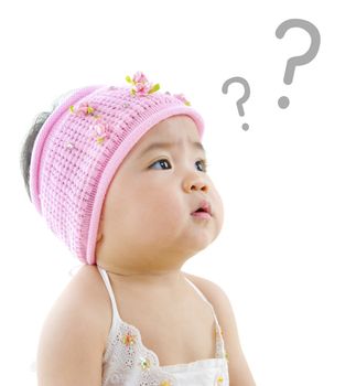 Wondering pan Asian baby girl with question mark isolated on white background