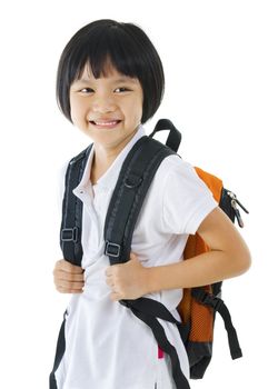 7 years old pan Asian school girl on white background