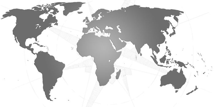 World map in black and white with a compass behind
