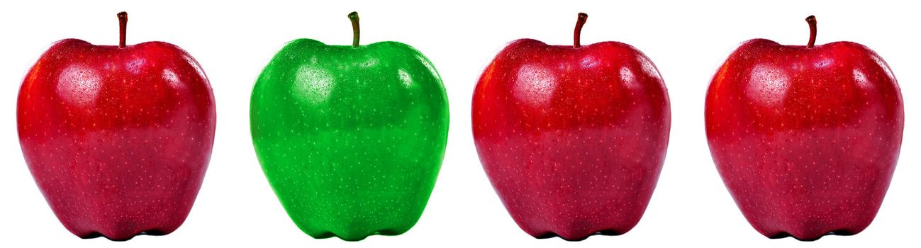 Isolated frontal shot of a group of fresh apples with stems and drops of water on them.