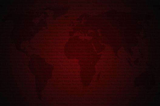 World map red background with world capitals on top of it