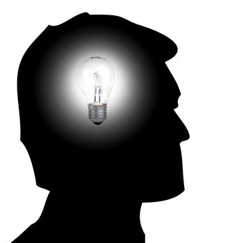 Silhouette of a man with a light bulb on is head to illustrate the concept of having and idea